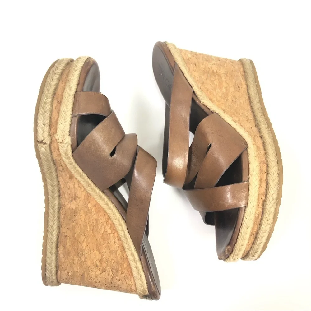 Jimmy Choo Cork Wedge 38 Heels Sandals Camel Brown Leather Strappy Shoes